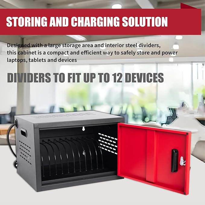 12 Bay Charging Cabinet for Laptop/Chromebook, Black Locking Charging Station with 12-Outlet Strip, Cable Clips, Grommet Holes & Wall-Mount 18.98" W×12.99" D×14.96" H for Office/Classroom