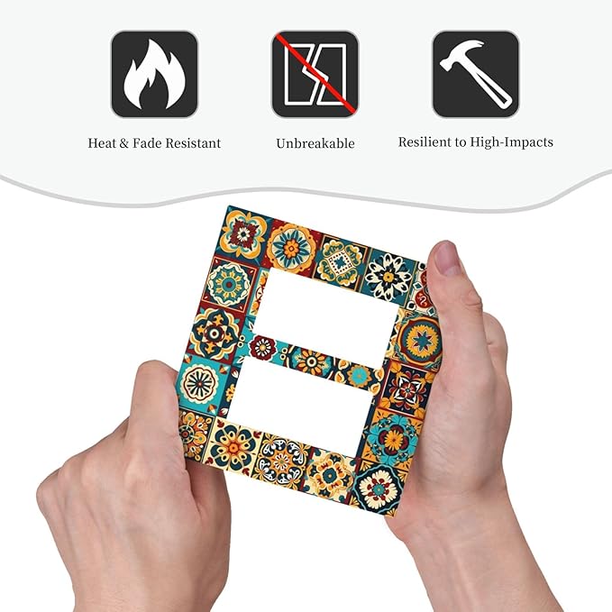 Mexican Talavera Ceramic Tile Moroccan Boho Decorative Outlet Covers 2 Gang Double GFCI Rocker Electrical Wall Panels Light Switch Cover Plate for Bathroom Kitchen Decor