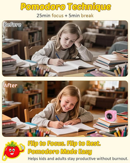 Pomodoro Timer Cube Visual Productivity Flip Timer for Kids Classroom Desk, 5/10/25/50min&Custom Countdown, Silent&Sound Mode Digital Cube for ADHD Study Work School Game Kitchen (Pink)