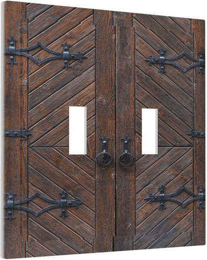 Decorative Light Switch Plate Covers Vintage Brown Wood Barn Door 2 Gang Light Switch Cover Unique Double Toggle Wall Plate Outlet Covers for Bedroom Home Decor （2 Pack）