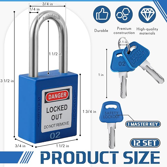 Landhoow 12 Set Lockout Tagout Locks and Keys Kit Loto Locks Different Safety Lock 2 Keys Per Lock Tag Out Padlocks for Electrical Lockout Tag Out Stations and Devices Kits (Blue)