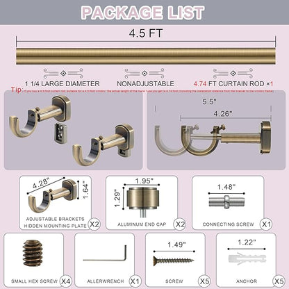 Heavy Duty Curtain Rods,1 1/4" Large Diameter Premium Nonadjustable Curtain Rod,54in/4.5ft Custom Window Treatment Rods with Durable Aluminum Brackets and End Caps,Antique Bronze Finish
