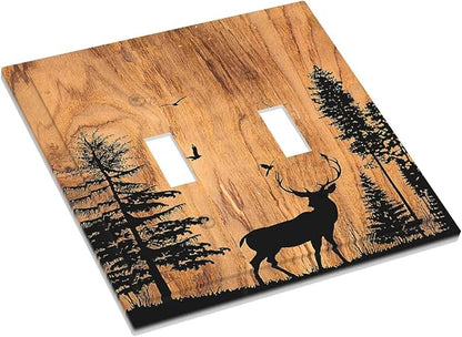 Decorative Switch Plates Rustic Farmhouse Orange Brown Pine Tree Deer Wood Grain 2 Gang Double Toggle Outlet Light Switch Cover Wall Plate Electrical Faceplate for living Room Cabin Decor