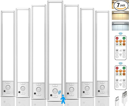 Under Cabinet Lighting with Remote Control, USB Rechargeable LED Motion Sensor Light Indoor, Magnetic Wireless Under Counter Light,3 Color Dimmable Closet Lights for Kitchen, Wardrobe, Hallway, 7 Pack