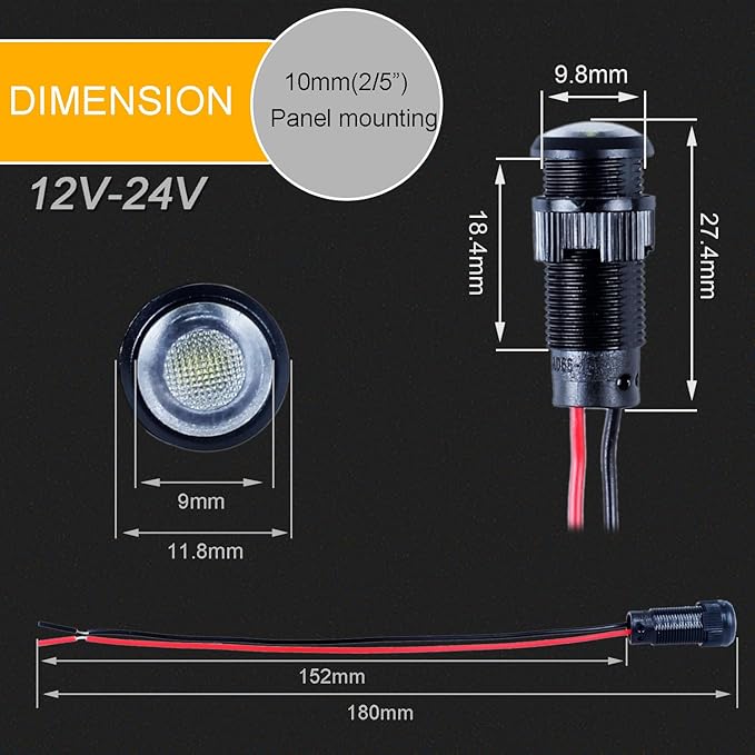 5pcs 10mm LED Indicator Light Plastic Black Signal Dot Lamp 12V-24V 2/5" Mounting Hole Size with 15cm/5.9in. Wire (White LED)