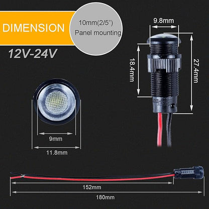 5pcs 10mm LED Indicator Light Plastic Black Signal Dot Lamp 12V-24V 2/5" Mounting Hole Size with 15cm/5.9in. Wire (White LED)
