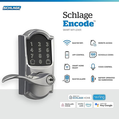 Schlage FE789WB CAM 625 Acc Encode WiFi Accent Lever Smart Lock, Keyless Entry Touchscreen Door Lock with Camelot Trim, Bright Chrome