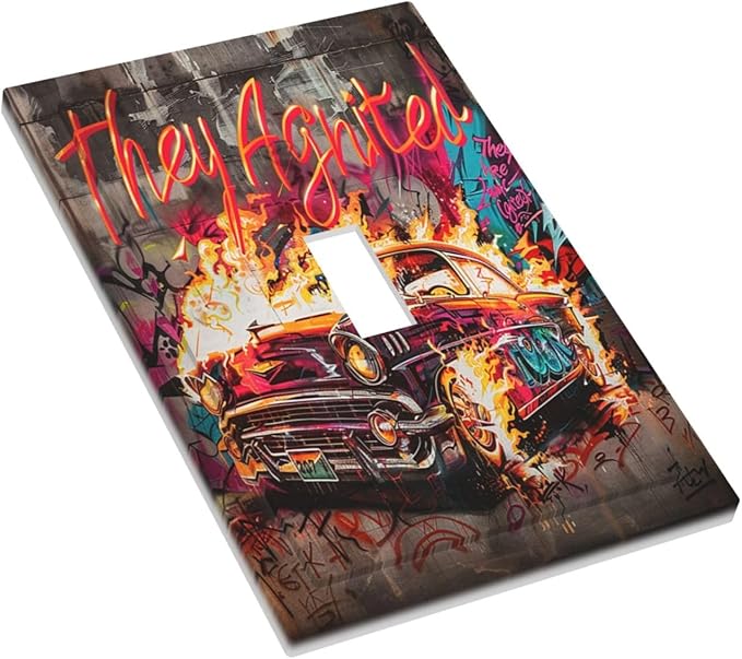 Decorative Light Switch Cover Hip Hop Street Graffiti Flame Car 1 Gang Single Toggle Device Electrical Faceplate Switchplates Decorator Outlet Wall Plate for Bedroom living Room Decor