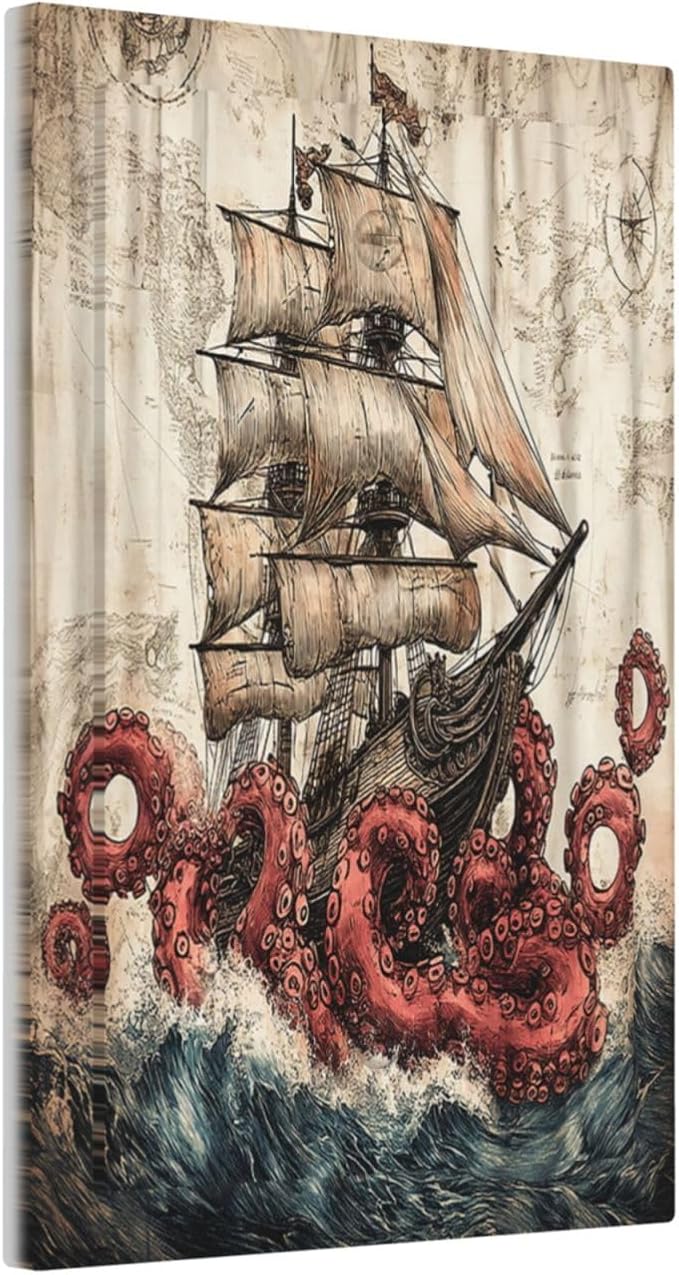 Light Switch Cover Plate Vintage Octopus Ocean Sailboat Bizarre Adventure 1 Gang No Device Blank Electrical Wall Plates Faceplate Decorative Switch Plate for Bathroom Kids room Decor