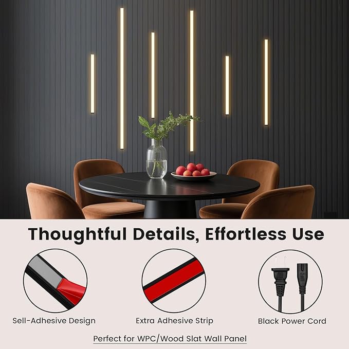Slat Wall Lights - GloryAir 6pcs Black Adhesive Wall Panel Lights for Interior Wall Decor, Warm White 3000K Touchable Switch LED Lamp for Wood Slat Acoustic Panels, Headboard, Stairway, Home Decor