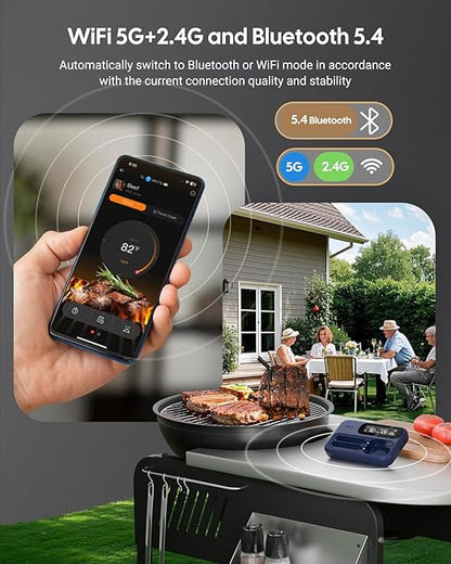 Wireless Meat Thermometer Dual Probes for Smoker, Fitflavor 5G WiFi Meat Thermometer Bluetooth Thermometer for Grill BBQ, Smart Meat Probe for Food Cook Oven Grilling Rechargeable