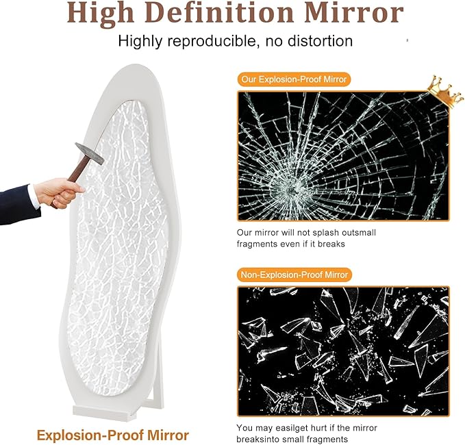 WoodsWhisper 69"X 24" Soild Wood Mirror Full Length,Wavy Wall Mirror,Lights Irregular Led Full Length MirrorShatter-Proof Hanging or Leaning Against Wall for Cloakroom/Bedroom/Living Room(White)