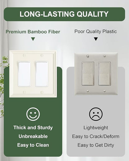 2-Pack Double Decorator Outlet Cover Plate, Light Almond Modern Decorative Switch Plates and Outlet Covers, Natural Bamboo Fiber Wall Plates for Electrical Outlets
