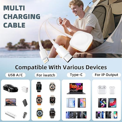 Travel Charger for Apple Watch, 3 in 2 Multi Charging Cable/Cord with Lightning/USB C/iWatch Charger, Travel Chargers for Multiple Devices, Compatible with iWatch Series/iPhone 17-8/iPad/AirPods 4FT