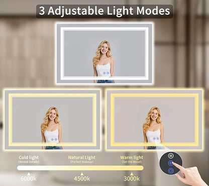 36"x72" LED Bathroom Mirror with Lights, Anti-Fog, Backlit + Front Lit, Dimmable, Led Vanity Mirror for Wall, Lighted Bathroom Mirror, 3 Colors, Shatter-Proof Tempered Glass