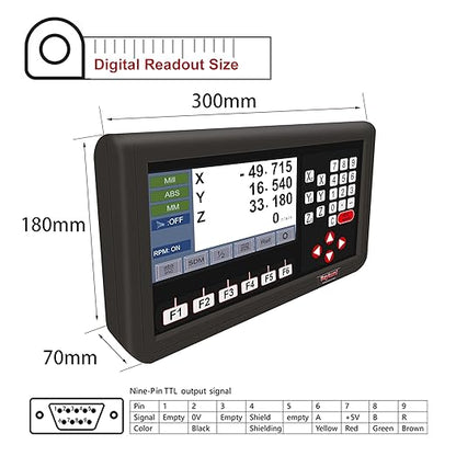 3 Axis DRO Dsiplay Digital Readout for Mills Milling Lathe Machine 3pcs 12" x 24" x 16" Length Magnetic Linear Encoder Scale 5um IP67 Sealing Protection More Durable