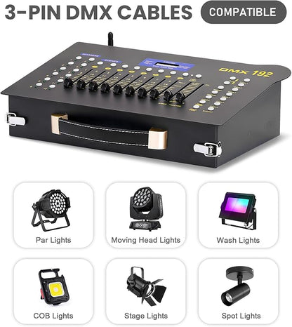 DMX512 Controller Stage DJ Light Console Lighting Mixer Board Console Wireless DMX Transmitter Receivers Set 192 Channels for Party DJ Disco Lights Show Night DJs KTV Bars Moving Heads