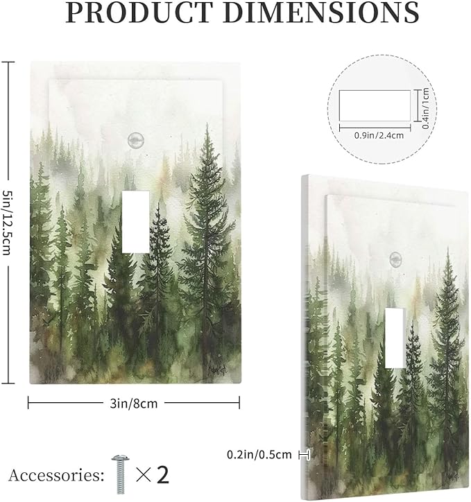 Decorative Light Switch Cover Green Forest Watercolor Painting Foggy Pine 1 Gang Single Toggle Device Electrical Faceplate Switchplates Decorator Outlet Wall Plate for Bedroom living Room
