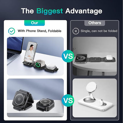 JARGO 3 in 1 Wireless Charging Station for Apple Devices, Foldable iPhone Charging Station for iPhone 17/16/15/14/13/12, Apple Watch & AirPods with Magsafe, Travel Essentials Wireless Charger (Black)