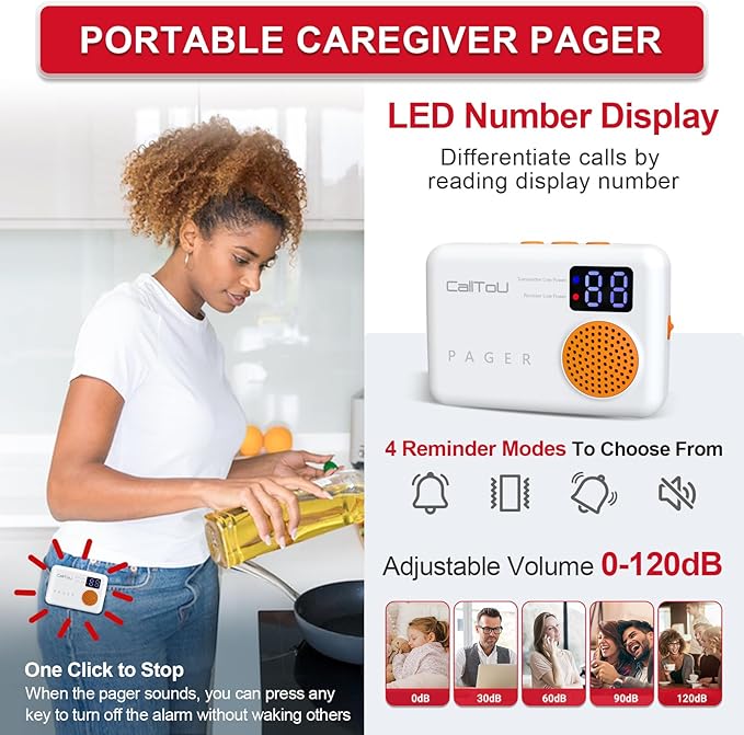 CallToU Bed Alarm and Fall Prevention for Elderly/Dementia/Patients Wireless Caregiver Pager Motion Sensor Detector Alert Bed Alarm for Elderly Adults with Vibration Digital Display Low Battery Remind