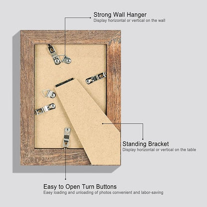 iRahmen 5x7 Picture Frame Set of 4, High Definition Real Glass Rustic Brown Frame, 5 x 7 Wood Photo Frames for Tabletop Display and Wall Mounting