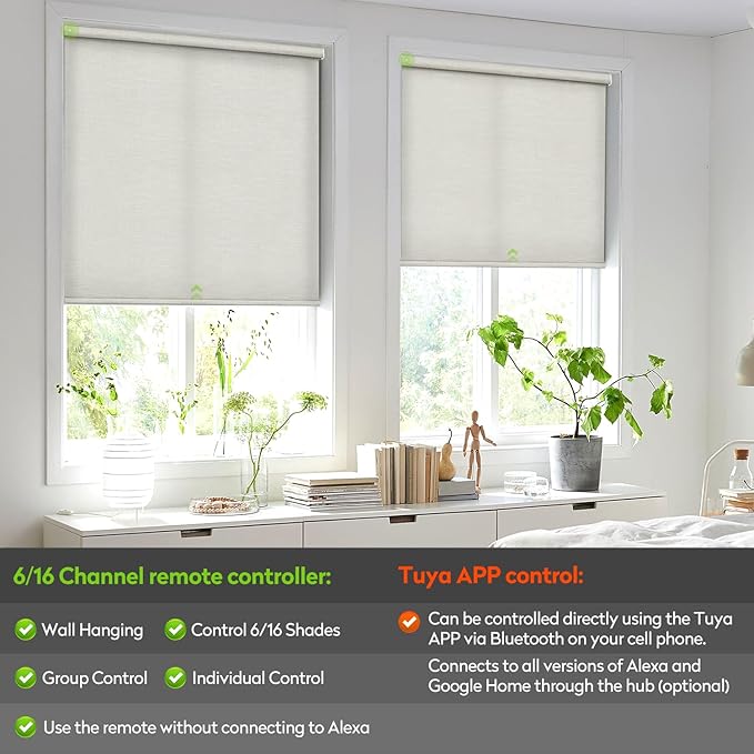 ZSTARR Motorized Light Filtering Roller Blinds with Remote Control,Rechargeable Smart Window Shades Compatible with Alexa Google via Hub,Fabric Wrapped Valance, Custom Size (Light Beige)