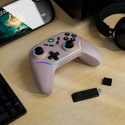 Wireless PC Controller with Hall Effect Joysticks & Triggers, 1000Hz Polling Rate, Trigger Locks, Bluetooth Pro Gaming Controller for PC/Steam/Luna/Tesla - 4 Macros and Turbo, Dynamic RGB, Pink
