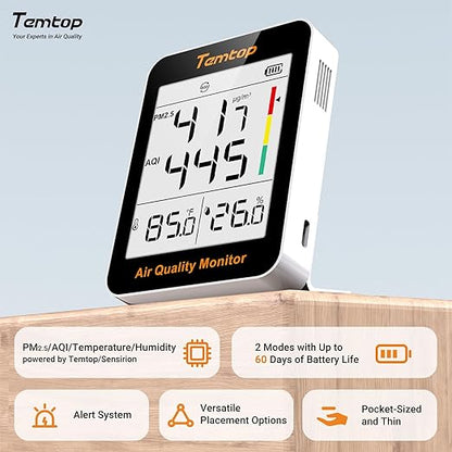 Temtop Air Quality Monitor Indoor Thermo-Hygrometer - PM2.5, AQI, Temperature, and Humidity Meter for Home, Office, or School, Air Quality Measurement, 60-Day Battery Life, S1 UP, 30-Pack