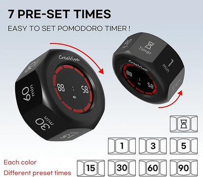 Pomodoro Timer, Flip Cube with 7 presets Countdown, Count up, Rechargeable Small Portable Visual Focus Stopwatch for ADHD, Kids, Classroom, Kitchen, Work, Study, Productivity (Space Grey)