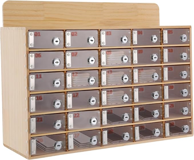 30 Slot Lockable Cell Phone Locker Box, Wall-Mounted/Freestanding Clear Acrylic & Wood Cell Phone Storage Cabinet with Door Locks and Keys for Classroom, Office, and School Employees