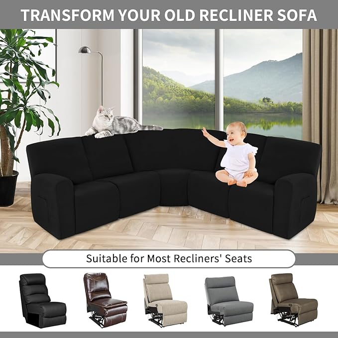 Easy-Going 100% Waterproof Recliner Cover Additional Seat Cover for Reclining Couch, Stretch Sofa Covers Washable Furniture Protector for Kids & Pets, 1 Seat, Black