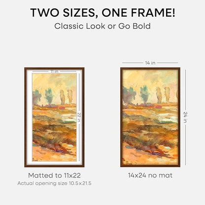 Homeforia 14x24 Picture Frame Brown, High End Dark Oak 14x24 Poster Wood Frame with Mat 11x22 for Photo, 14 x 24 Wooden Walnut Frame Matted to 11 x 22, 24x14 Frames, Tempered Glass, Wall Kit, Set of 1