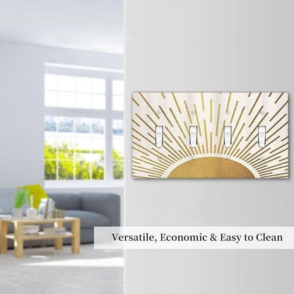 Decorative Light Switch Cover Plate Boho Mid Century Gold Sun Sunbeams 4 Gang Wall Plates for Electrical Outlets Quad Toggle Switch Plate Covers Outlet Covers Faceplate for Home Decor