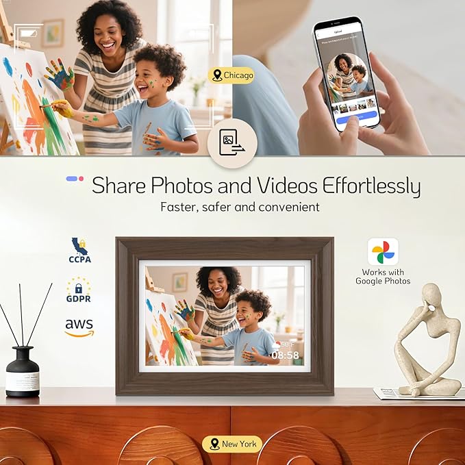 NexFoto 10.1" Wood Digital Picture Frame, 64GB WiFi Electronic Photo Frame HD Touchscreen, Add Pics from Google Photos, Share Photos/Videos via App/USB, Gift for Christmas/Mom/Birthday, Walnut