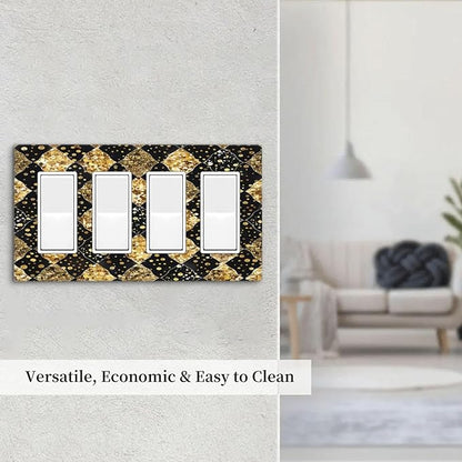 Gold Black Marble Geometric Plaid Glitter Wallplates 4 Gang Quad Rocker Decorative Light Switch Covers Electrical GFCI Faceplate Switch Plate for Bedroom Bathroom Decor