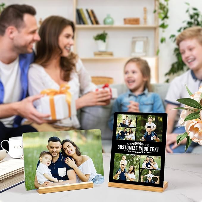 Custom Photo Prints - Metal Desktop Picture Frame with Photos & Name & Wooden Base Personalized Gifts for Family Friends Lovers and Pets, Optional Multiple Sizes