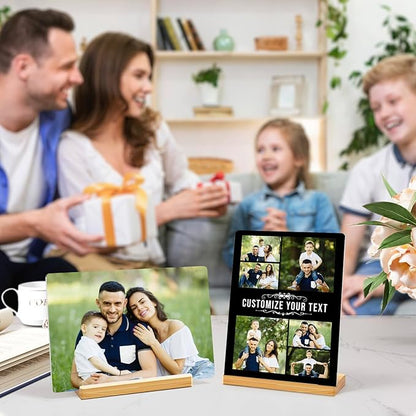 Custom Photo Prints - Metal Desktop Picture Frame with Photos & Name & Wooden Base Personalized Gifts for Family Friends Lovers and Pets, Optional Multiple Sizes