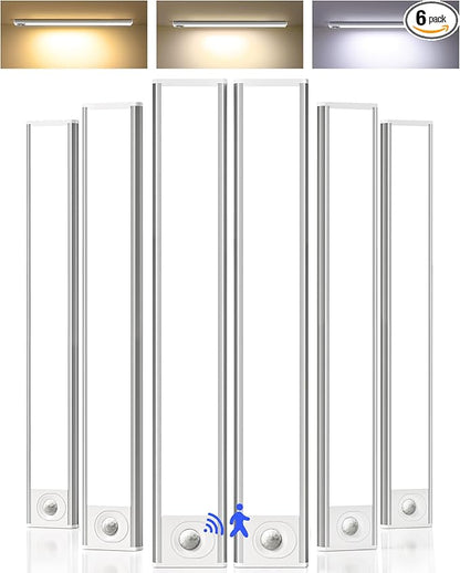 16inch Under Cabinet Lighting, 6Pack Rechargeable Motion Sensor Light Indoor, Magnetic Closet Lights with Dimmable & 3 Color Temps, Wireless Under Counter Lights for Kitchen, Stairs