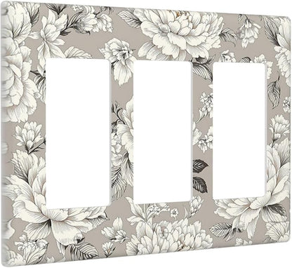 White Poppies Floral Modern Grey Peonies Flowers Light Switch Covers 3 Gang Rocker Decorative Triple Outlet Wall Plate Cover Electrical GFCI Switchplate for Bedroom Bathroom Decor