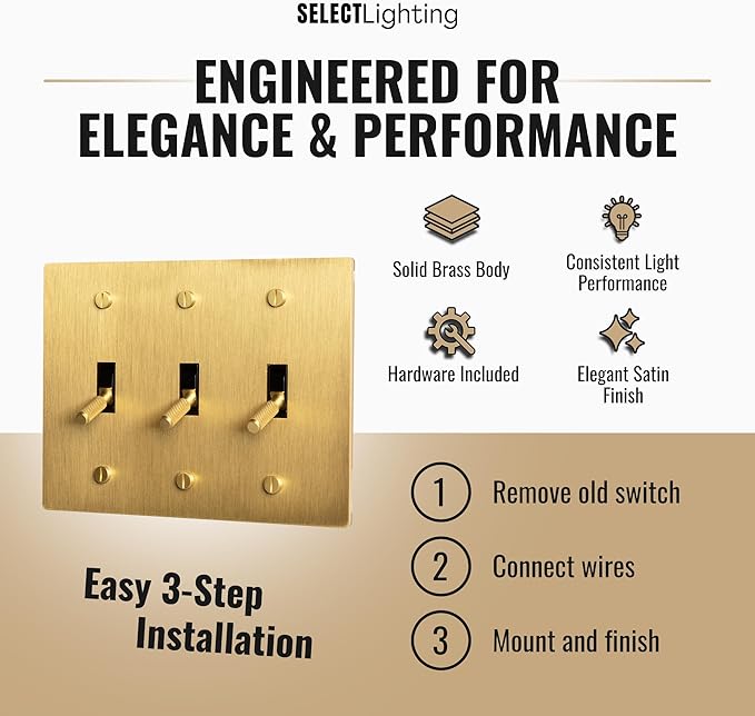3-Gang Satin Solid Brass Plated Toggle Switch, 15A 120V AC Wall Mount, 3-Way Compatible Vintage Style Single Pole with Faceplate & Switch Module
