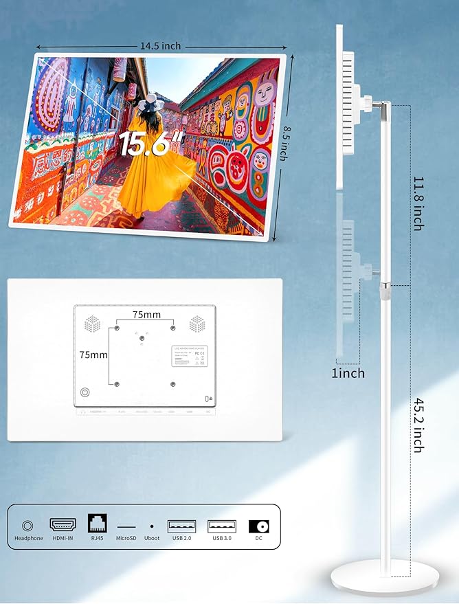 15.6" Digital Signage with 10000mAh Battery, Capacitive Touchscreen Advertising Display, Adjustable Stand, Android 11 Commercial LCD Monitor with Auto Play, Wireless Screen Mirroring, 8+128GB, White