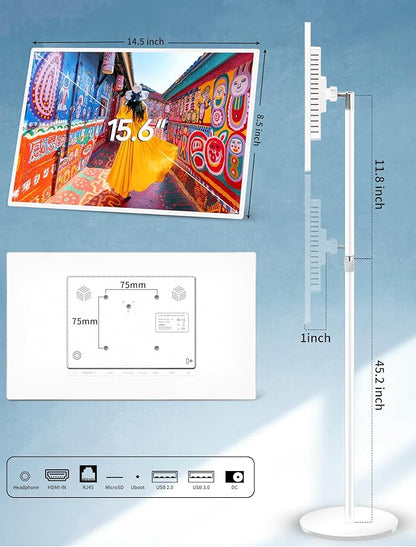 15.6" Digital Signage with 10000mAh Battery, Capacitive Touchscreen Advertising Display, Adjustable Stand, Android 11 Commercial LCD Monitor with Auto Play, Wireless Screen Mirroring, 8+128GB, White