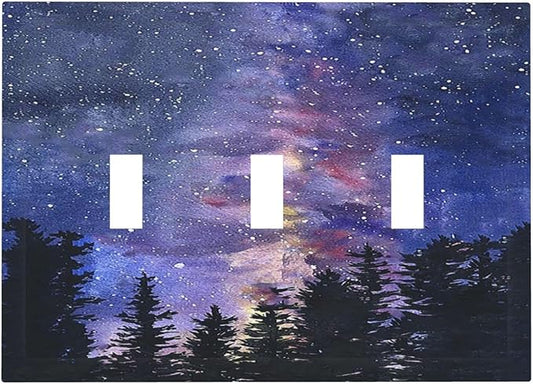 Decorative Switch Plates Dream Milky Way Starry Forest Pine Watercolor Painting 3 Gang Wall Plate Faceplate Triple Toggle Light Switch Cover Electrical Wall Panels for Bedroom Home Decor