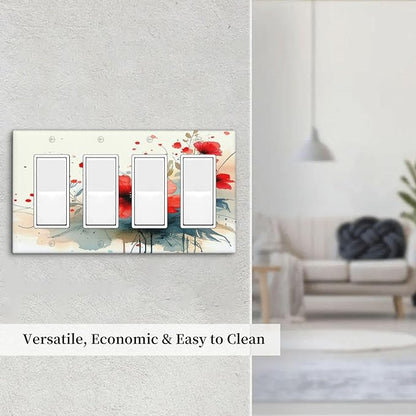 Vintage Floral Red Watercolor Modern Wallplates 4 Gang Quad Rocker Decorative Light Switch Covers Electrical GFCI Faceplate Switch Plate for Bedroom Bathroom Decor