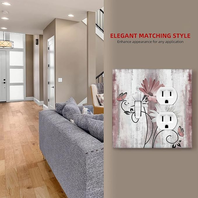 Wallplates Pink White Daisy Butterfly Wood Grain 1 Toggle 1 Duplex Switch Plate Electrical GFCI Faceplate Decorative Light Switch Covers for Farmhouse Bathroom Decor