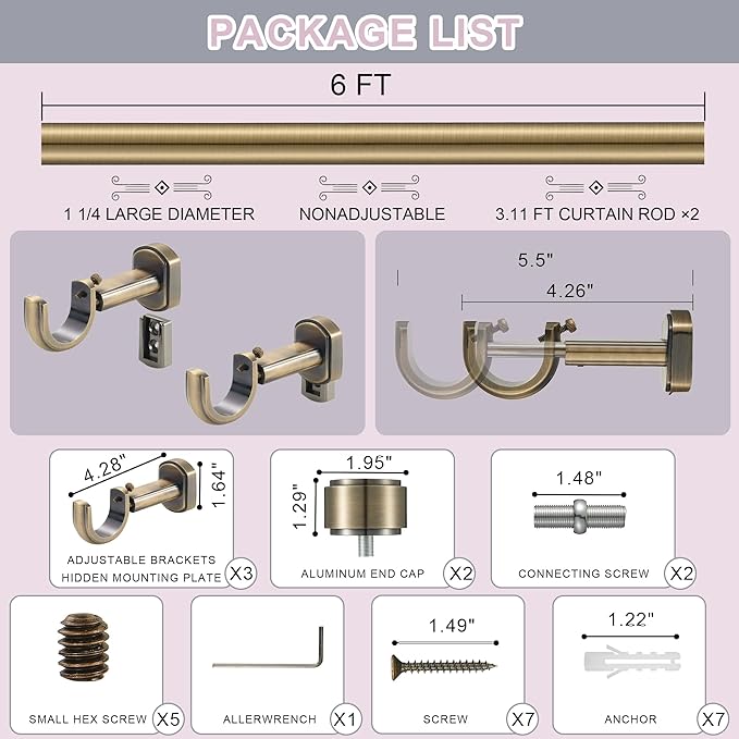Heavy Duty Curtain Rods,1 1/4" Large Diameter Premium Nonadjustable Curtain Rod,72in/6ft Custom Window Treatment Rods with Durable Aluminum Brackets and End Caps,Antique Bronze Finish