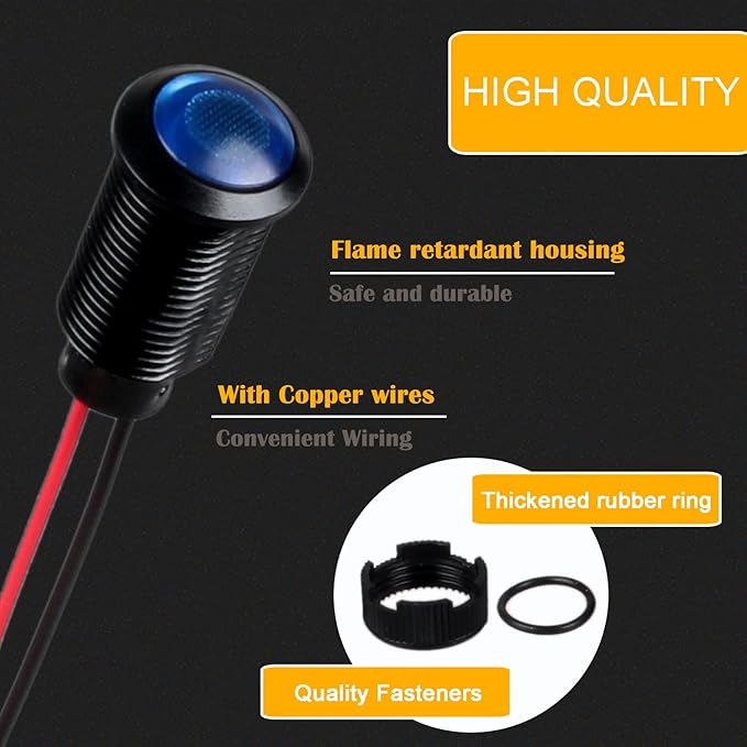 5pcs 12mm 12V-24V LED Indicator Light Plastic Black Signal Dot Lamp 1/2 inches Mounting Hole Size with 15cm/5.9in. Wire (Blue LED)