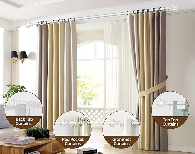 KAMANINA Curtain Rod 32 to 58 Inch(2.6-4.8Ft), Heavy Duty White Curtain Rods for Windows, 7/8 Inch Single Drapery Rod Adjustable, Decorative Netted Texture End