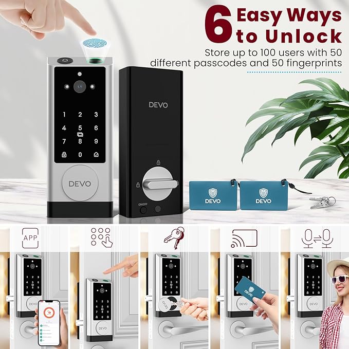 DEVO G1 6-in-1 Video Smart Lock with Camera & Doorbell, Keyless Entry Door Lock with Fingerprint, Auto Locks, App Remote, Built-in Wi-Fi Smart Deadbolt for Front Door