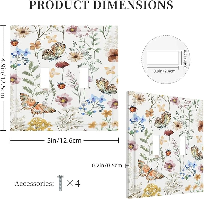 Decorative Light Switch Cover Boho White Background Butterfly Rustic Flower Double Toggle Personalized Wall Plate Switchplate 2 Gang Switchcovers Decora Light Switch Plate